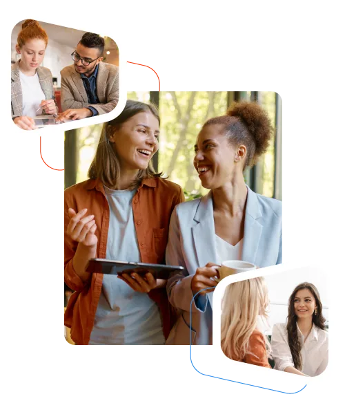 Três fotos sobrepostas de pessoas conversando em ambientes de trabalho